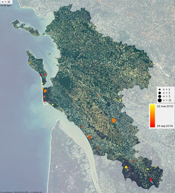 Lieux d'observations de l'Empuse pennée entre 2012 et 2016 en Charente-Maritime